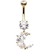 14GA Stainless Steel Gem Clustered Crescent Moon Dangling Belly Button Ring