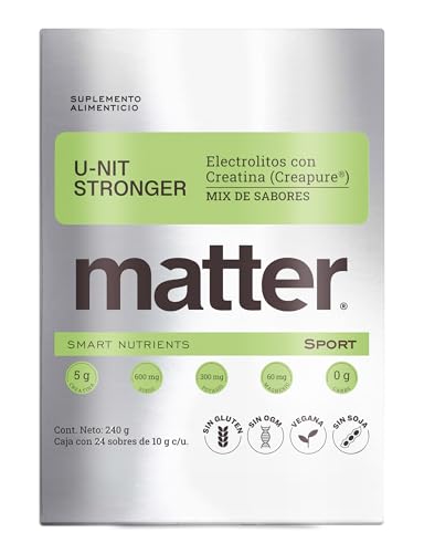 Matter U-nit Stronger, Electrolitos Sin Azucar Premium con Creatina Creapure®, Polvo para Mezclar, Hidratación y Rendimiento para Pre Entreno y Entrenamiento, Mix de Sabores, 1 Caja con 24 Porciones