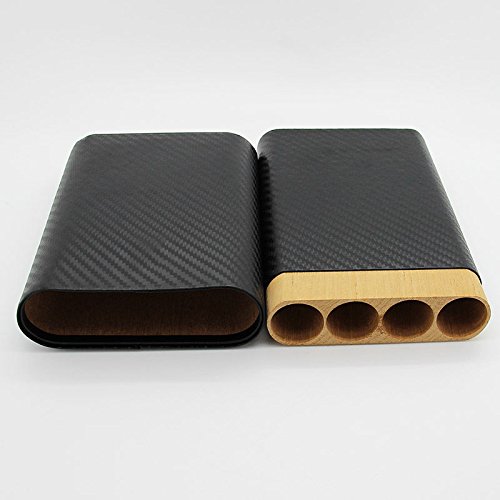 Carbon Fiber Leather Cedar Wood 4 Tube Cigar Case Holder Travel Humidor