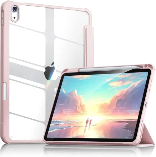 Case for iPad (A16) 11th Generation 11 inch 2025, iPad 10th Generation 10.9 inch 2022 with Pencil Holder, Clear Transparent Back Shell with Shockproof Cover, Auto Sleep (Pink)