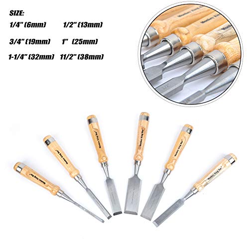 Monkey King Bar -6Pcs Wood Chisel Set -Chrome Manganese Blades File Set with Hammer End for Woodworking, Carving