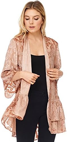 Anama Women's Velvet Burnout Ruffle Tiered Kimono Duster w/Floral Print and 3/4 Length Sleeves Hippie Boho Rave Cardigan (W17-386) (Small, Blush)