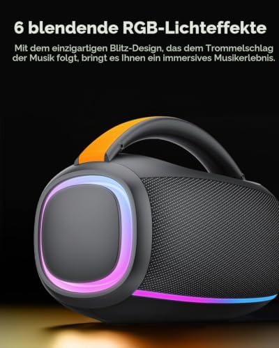 Bluetooth Lautsprecher mit Licht, Musikbox Bluetooth, Dualen Bass-Treibern, IPX7 Waterproof, TWS, AUX, TF, Bluetooth Box Geeignet Outdoor/Party/Baustelle — Foto 6 von 6