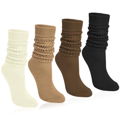 Justay 4 Pairs Slouchy Socks for Women, Scrunch Boot Long Knee High Knit Tube Athletic Slouch Socks for Woman