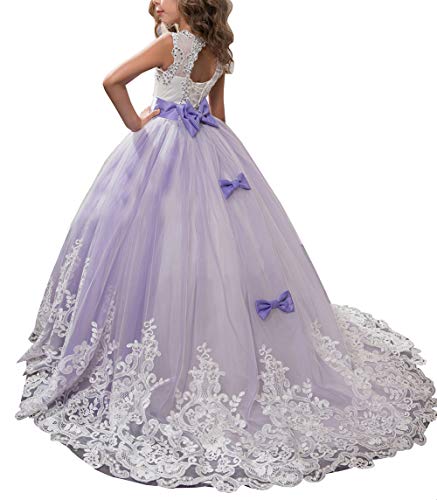 KSDN Royal Wedding Flower Girls Dress Lace Tulle Dance Pageant Gown with Bow (US 14, Royal)