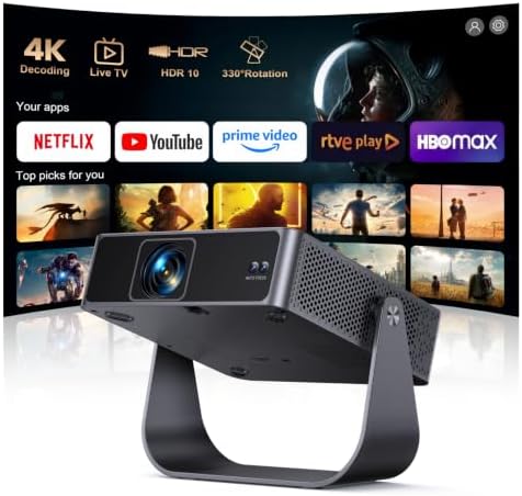 Proyector Portatil【Netflix Ready+TV Directo】 Proyector 4K App Integrada Auto Focus/Keystone 1080P FHD Nativo con HDR10, Giro 330° WiFi Bluetooth Mini Proyectors Projector Cine en Casa/Exterior/HDMI
