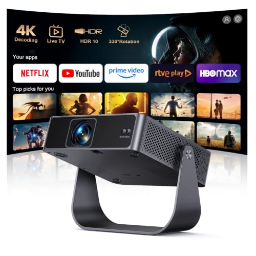 Portable Projector 【Netflix Ready+Direct TV】 Projector 4K App Integrated Auto Focus/Keystone 1080P FHD Native with HDR10, 330° Rotation WiFi Bluetooth Mini Projectors Projector Home Cinema/Outdoor