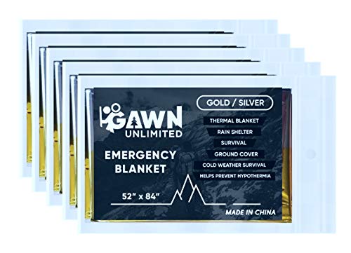 Gawn Unlimited Emergency Blankets – Gold/Silver 5 Pack – Great for Camping, Hiking, Survival, First aid, Marathons and Outdoor Travel in Extreme Weather.