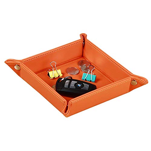 PUSU Valet Trays for Beside Table Desktop Storage, Leatherette Keys Caddy Bedside Dresser Organizer Catchall Tray for Dice Change Coins Wallet Jewelry Makeup Trinkets (Orange) - Thumbnail 4