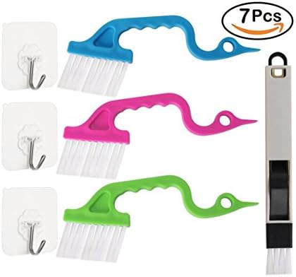 PrettyDate 7 Pieces Hand-held Groove Gap Corner Kitchen Cleaning Tools Set 3 Pieces Door Window Track Corner Cleaning Brushes 3 Adhesive Heavy Duty Hook and 1 Mini Keyboard Dustpan Cleaning Brushes