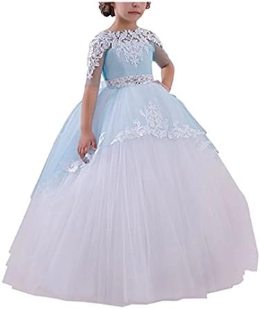 Suiun Dress Birthday Prom Dress Flower Tulle Little Girl White Blue Dress First Communion Dress(Light Blue 12)