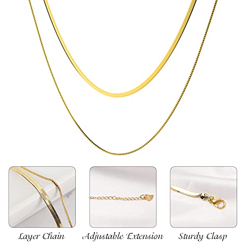 UHIBROS Layered Necklace for Women, 14K Gold Plated S925 Sterling Silver Snake Chain Necklace, Dainty Choker Necklace for Teen Girls