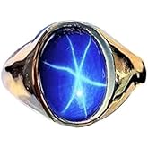 Blue Star Sapphire Oval Gemstone Ring, Star Sapphire Ring, Christmas Gift, Engagement Gold Fill Rings, Handmade Rings, 925 Sterling Silver Signet Men Jewelry Gift Idea.