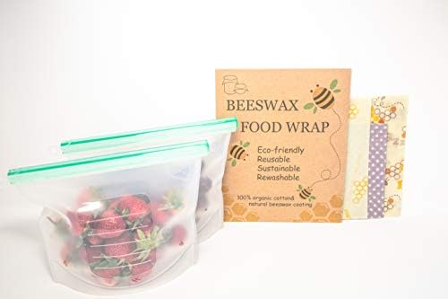 Reusable Beeswax Food Wrap, and Silicone Food Storage Bags, Organic Cotton Paper Wrap, Eco friendly, Plastic Wrap Alternative, Washable, Sustainable, Assorted Zero Waste 3 Pack, Small, Medium, Large