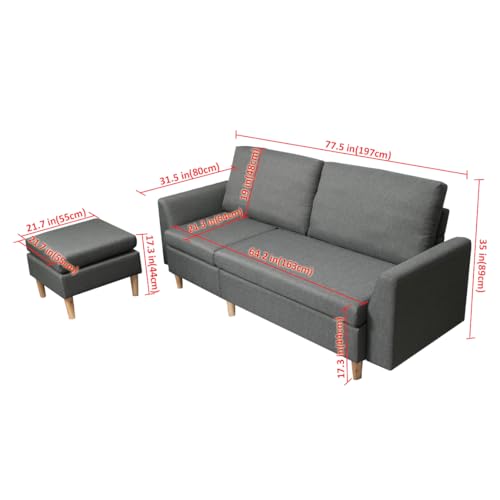 HOMA Fabric Sectional Sofa, L-Shape 3seat Sofa with Ottoman, Small Couch in Linen Fabric with Reversible Chaise, Apartment Couch for Small Space (Grey, 3seat+Ottoman)