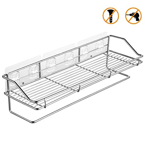Bathroom Shelf Organizer Shower Caddy with Towel Bar, Wall Mounted Kitchen Storage Rack with Traceless Transparent Adhesive No Drilling SUS304 Stainless Steel