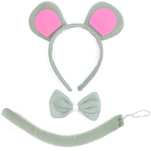 Skeleteen Mouse Costume Accessory Set - Grey and Pink Ears Headband, Bow Tie and Tail Accessories Set for Rat Costume for Toddlers and Kids