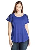 Paper Tee Women's Plus-Size Scoop Neck Short Sleeve Lace Trim Shoulder Top, Royal, 1X