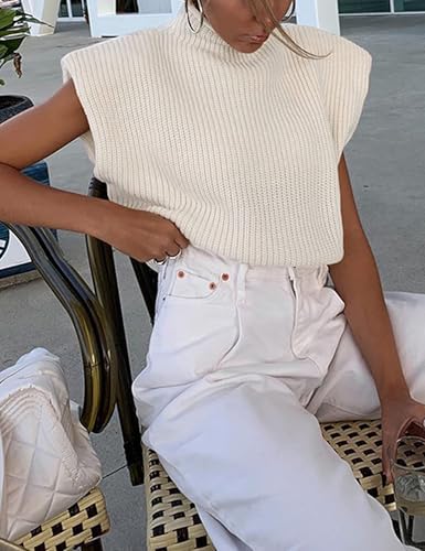 HOOEVER WOMEN’S TURTLENECK SLEEVELESS KNITTED TANK TOPS SHOULDER PADS SWEATER VEST(WHITE-XS)