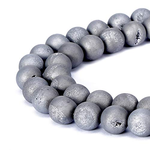 8MM 10MM 12MM Natural Gorgeous Matte Fancy Druzy Agate Round Loose Beads Gemstone for Jewelry Making by Ruilong (Silver, 8MM)