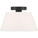 Modern Matte Black Semi-Flush Mount by Savoy House with White Linen Shade, 12 in. W x 7.5 in. H