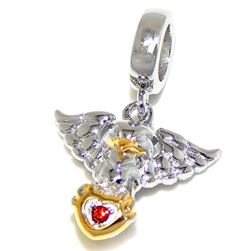 ICYROSE Solid 925 Sterling Silver Dangling Bird w/Gold Tone Heart & Red CZ Charm Bead 249 for European Snake Chain Bracelets