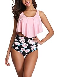 Traje de baño para dama de dos piezas con parte superior con volantes y parte inferior de talle alto