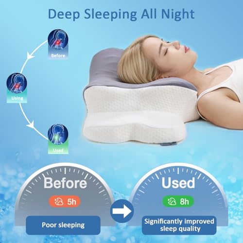 Memory Foam Pillow, Adjustable Butterfly Ergonomic Pillow, Cervical Neck Pillow for Pain Relief Contour Ergonomic Orthopedic Support Bed Pillow for Side Back Stomach Sleepers, Cooling Washable Cover