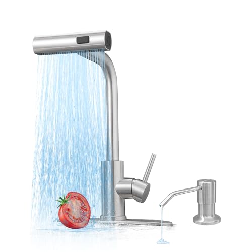 Kitchen Faucet with Pull Down Sprayer Waterfall Stainless Steel Single Handle Kitchen Sink Faucet with 3 Function Sprayer for Farmhouse RV Laundry Bar and Home Use