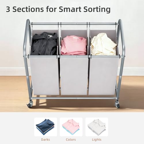 STORAGE MANIAC 3 Section Laundry Sorter, 35.6 Gal (135 L) Laundry Hamper Cart with Heavy Duty Rolling Lockable Wheels and Removable Bags, Clothes Organizer Basket Separator Hamper, Gray