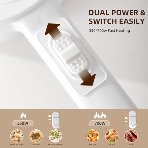 TINYPANDA Electric Hot Pot, 1.8 Liter Multifunctional Portable Cooking Pot, 700 Watt Instant Noodle Hot Pot, Non-Stick Skillet for Steak, Eggs, Ramen, Oatmeal with Dual Power Adjustment (White double layer)