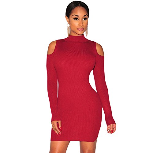 BENNINGCO Knit Ribbed Cut out Shoulder Long Sleeves Dress(Red,L)