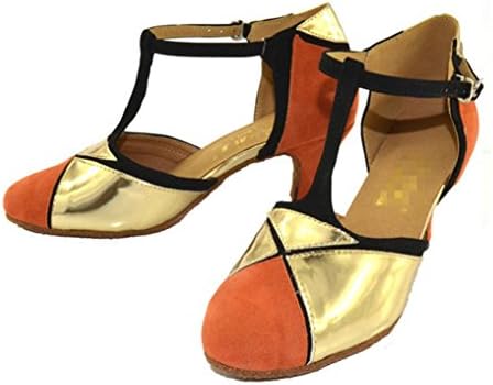 Dance Shoes Womens Closed Toe High Heel Pu Leather Glitter Salsa Tango Ballroom Latin T-Strap Orange Gold