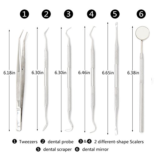 1 Set/6 Pcs Professional Dental Hygiene Kit with Bag for Personal Use Tooth Scraper Dental Inspection Mirror Tartar Calculus Plaque Remover