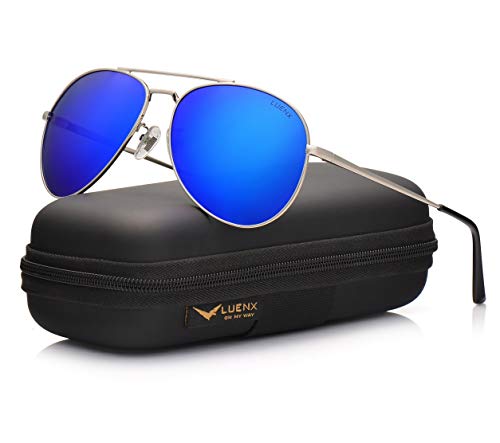 LUENX Aviator Sunglasses Men Women Polarized with Case - UV 400 Mirror Blue Lens Metal Siver Frame 60mm (Dark Blue -6, 60)