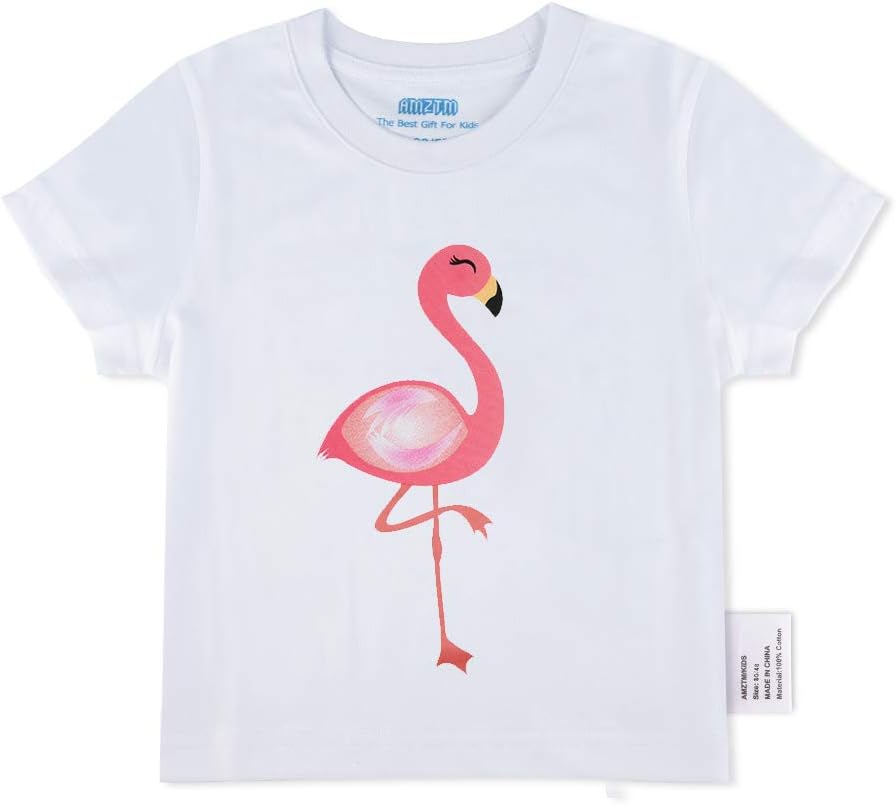 AMZTM Flamingo Party Girls Birthday Shirt 1 Year Old Birthday Party Baby Girls Tshirt 100% Cotton Top Tee White T-Shirt Cute Flamingo Printed Short Sleeve Gift
