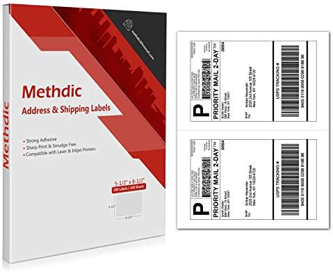 Methdic 2-UP Half Sheet 5-1/2" x 8-1/2" Shipping Labels, 200 Labels/100 Sheets Permanent Adhesive Labels Package Mailing Address Stickers for UPS USPS FedEx for Laser & Inkjet Printers