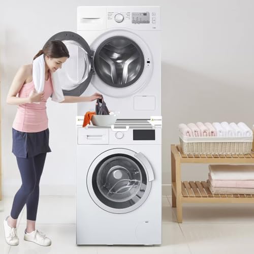 NIUXX Universal Stacking Kit for Washer and Dryer - Adjustable Stacker Frame for 53-68 cm Tumble Washing Machine - Stackable Sliding Shelf with Ratchet Ropes & Anti Vibration Feet