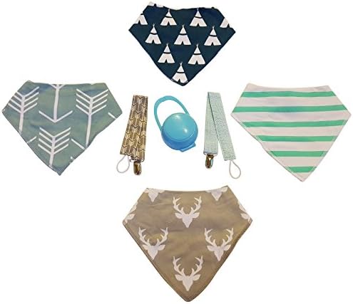 Baby Bandana Drool Bib by Spherecalls + 2 Pacifier Clips & Pacifier Case, 4 Pack of the Finest Quality Bibs, Great Baby Shower Gift Set (Boys)