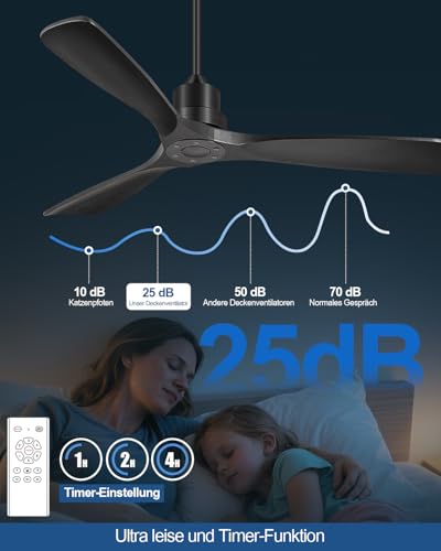 Forrovenco Ceiling Fan without Light 132 cm, Ceiling Fan with Remote Control, Outdoor Ceiling Fans, 3 Wooden Blades, 3 Extensions, 6 Levels, Reversible DC Motor, 132 cm, Black Without Light
