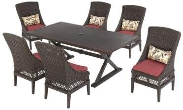 Amazon Com Hampton Bay Woodbury 7 Piece Patio Dining Set With Dragon Fruit Cushions Seats 6 Garden Outdoor