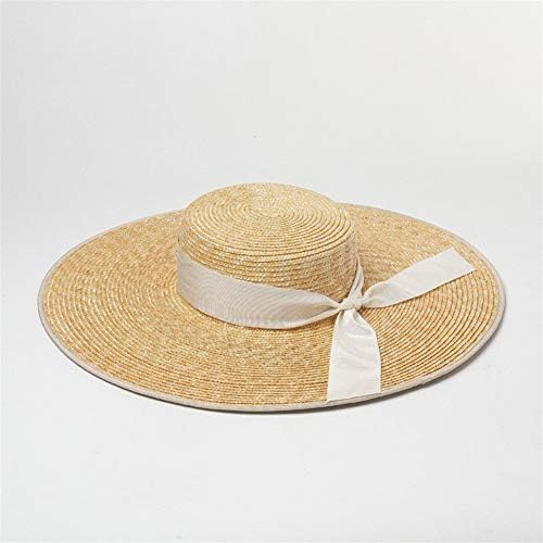 Bzm Zm フラットトップ小麦わら麦わら帽子旅行日焼け止めスタイルフラットキャップに沿って縁取り春と夏の弓装飾 Color 限定価格セール Bow White M Size