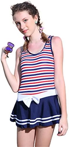 Shoeshop Top Big Girls Striped Swimsuit Skirt Swimwear Made in China (Size:14-16 2 Colour) (16, Blue)
