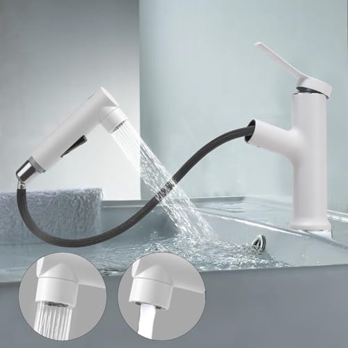 VirtuGro 3-Mode Pull-Out Shower Faucet Bathroom Sink Mixer Tap Single Lever Hot and Cold Mixer Tap Aerator Shower for White Sink
