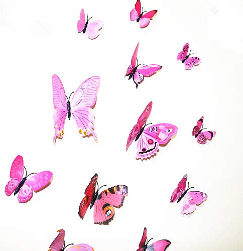 New Mix 12pcs Magnetic 3D Butterfly Decal Wall Stickers Home DIY Art Decor Room (B1 - Pink)