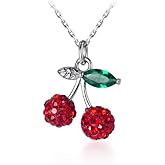 Cute Red Cherry Pendant Necklace for Women Girls 925 Sterling Silver Cubic Zirconia Paved Crystal Fruit Green Leaf Adjustable Chain Choker Necklaces Exquisite Jewelry Gifts for Her with Gift Box