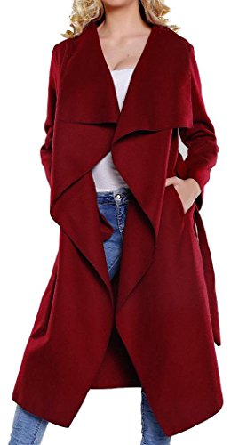 Kearia Womens Elegant Long Sleeves Duster Cape Belted Waterfall Long Trench Coat Jacket Wine Red XLarge Kearia Womens Elegant Long Sleeves Duster Cape Belted Waterfall Long Trench Coat Jacket Wine Red XLarge