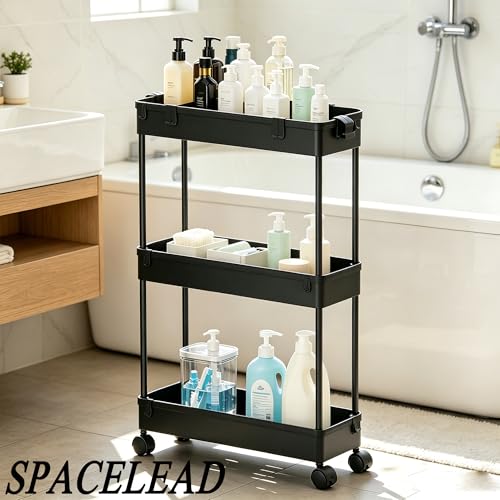 SPACELEAD Slim Storage Cart,3 Tier Bathroom Rolling Utility Cart Storage Organizer Slide Out Cart, Mobile Shelving Unit Organizer Trolley for Office Bathroom Kitchen Laundry Room Narrow Places, Black