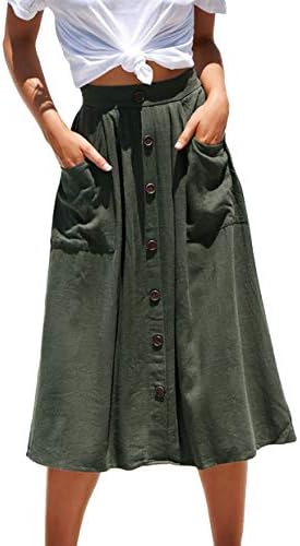 Women's Casual Solid Button Front High Waist A Line Midi Skirt with Pockets