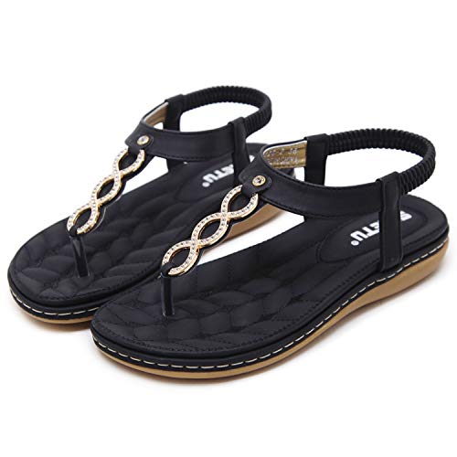 DolphinBanana Women's Glitter Rhinestone T Strap Summer Blingbling Simple Gold Rings Flat Thong Sandals, Black Flip Flops Shiny Gem Shoes for Dressy Casual Jeans Daily Wear and Beach Vacation